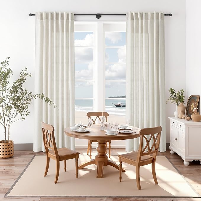 Nanspring Mousse White Linen Curtains 63 Inch Length for Living Room Luxury Light Filtering Semi Sheer Curtain Back Tab Simple Modern Elegant Coastal Decor Drapes for Bedroom Office 52x63, 2 Panels