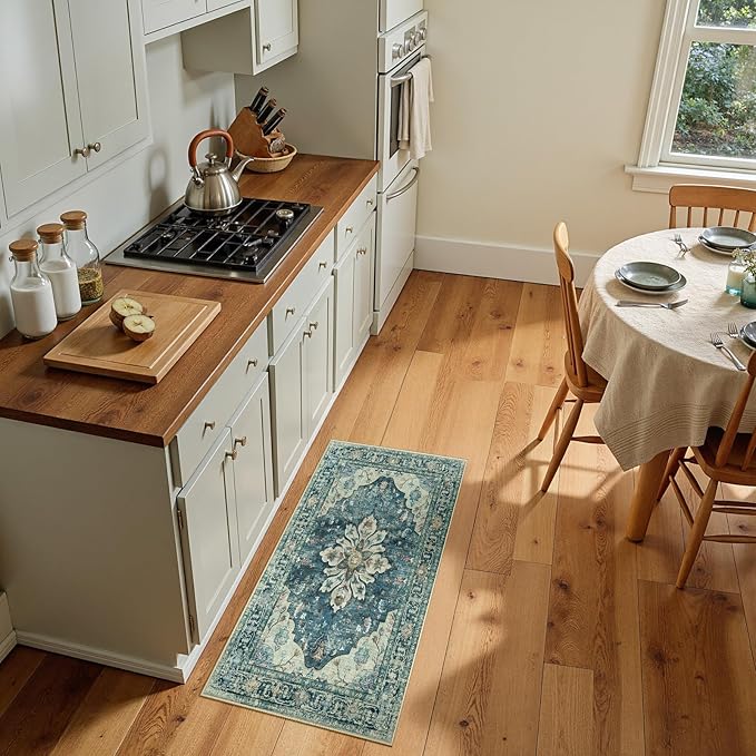 Area Rugs 2'x4' Kitchen Rugs Entry Rug Small Rugs for Entryway Kitchen Bathroom Door Mat Indoor Entrance,Washable Non Slip, Dark Blue Vintage