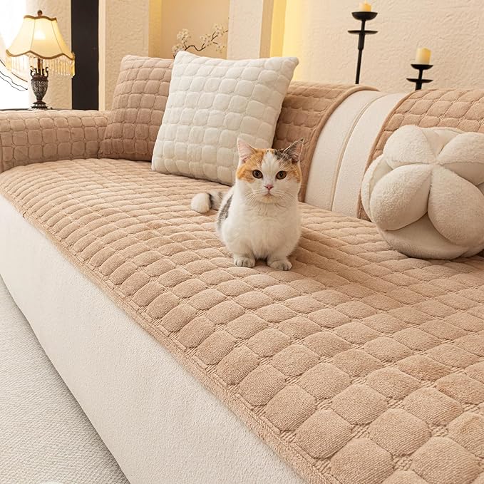 Velvet Couch Covers for Dogs, Dog Sectional Couch Covers, Pet Couchs Cover for 3-4 Seater, Couchs Protector for Dogs, Sectional Sofa Cover for Pet Washable(1PC,Khaki,27.6"×82.7")