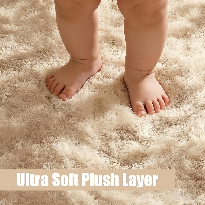 Tie-Dyed Beige Fluffy Round Rug,Soft Area Rugs for Girls Room,Shaggy Rugs 4'X4' for Living Room,Non Slip Circle Rug for Kids Bedroom,Shag Plush Nursery Carpets,Fuzzy Rug for Dorm,Room Decor Carpet