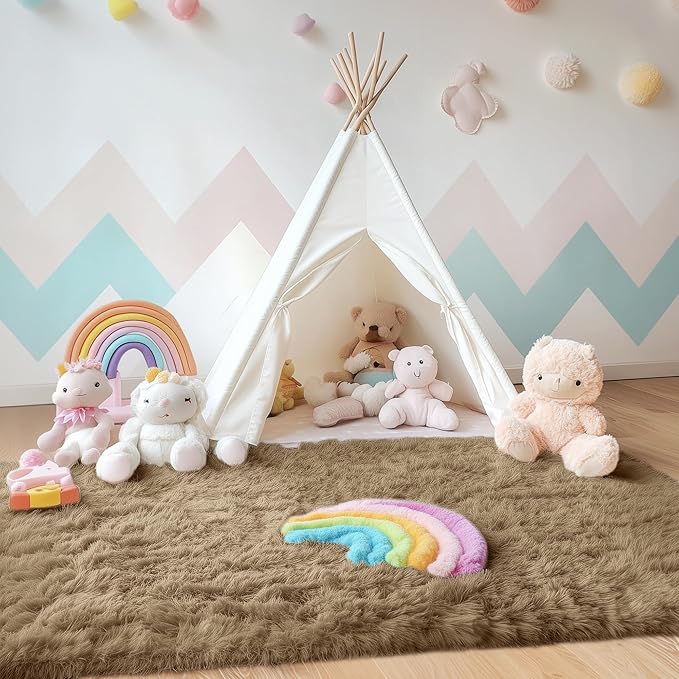 OLANLY Area Rugs for Living Room Bedroom, Machine Washable 4x5.9 ft Soft Fluffy Shaggy Bedside Rug, Indoor Floor Carpet for Kids Girls and Boys, Dorms, Nursery Rooms, Home Decor Aesthetic, Taupe