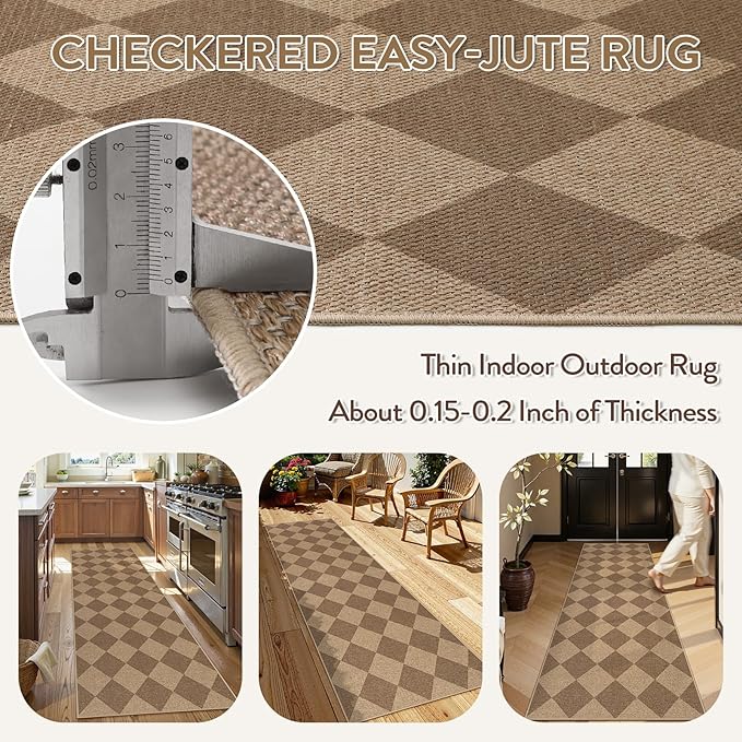 Lahome Checkered Easy Runner Rug, 2x8 Carpet Runners for Hallway 8ft Non Slip Washable Rug for Entryway Indoor, Checkerboard Nature Indoor Outdoor Carpet for Entry Laundry.