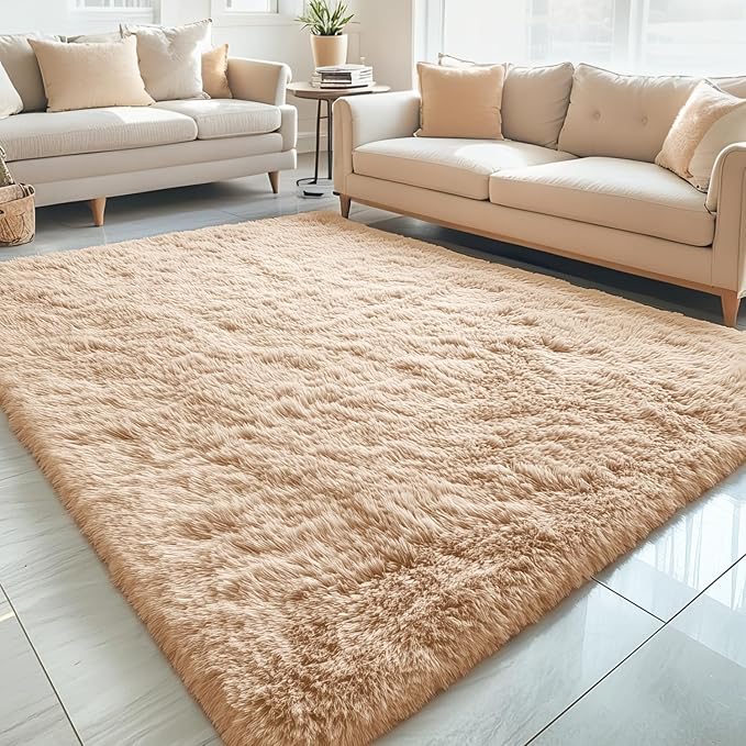 OLANLY 5x9 Machine Washable Large Area Rugs for Living Room, Bedroom, Soft Fluffy Shaggy Bedside Rug, Indoor Floor Carpet for Kids Girls and Boys, Dorms, Nursery, Home Decor Aesthetic, Beige