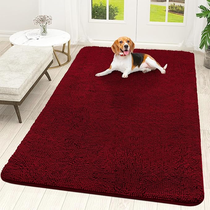 OLANLY Dog Door Mat for Muddy Paws 70x46, Absorbs Moisture and Dirt, Absorbent Non-Slip Washable Doormat, Quick Dry Chenille Mud Mat for Dogs, Entry Indoor Entryway Carpet for Inside Floor, Red