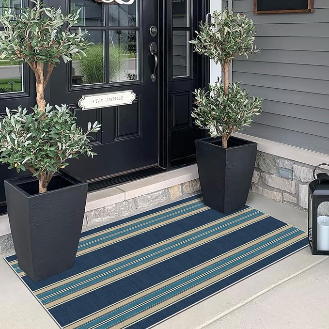 Front Door Mat Indoor Entrance - 2x4.3 Ft Striped Washable Welcome Layered Doormat Outdoor Entrance Porch Rug Non-Slip Navy Blue Coastal Runner Rug for Kitchen Bedroom Laundry Room Porch Decor