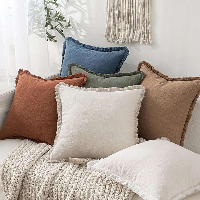 MIULEE Decorative Throw Pillow Covers Neutral Linen Fringe Throw Pillows Set of 2 Blue Ashes Boho Farmhouse Cushion Covers with Tassels for Couch Sofa Bed Home Spring Decor 18x18 Inch