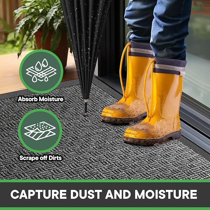 Mibao Front Door Mat, Heavy Duty Durable Welcome Mat for Outdoor Indoor, Dirt Trapper Waterproof Super Absorbent Door Mat for Entryway Outside Patio Porch, 61.5" x 36", Gray