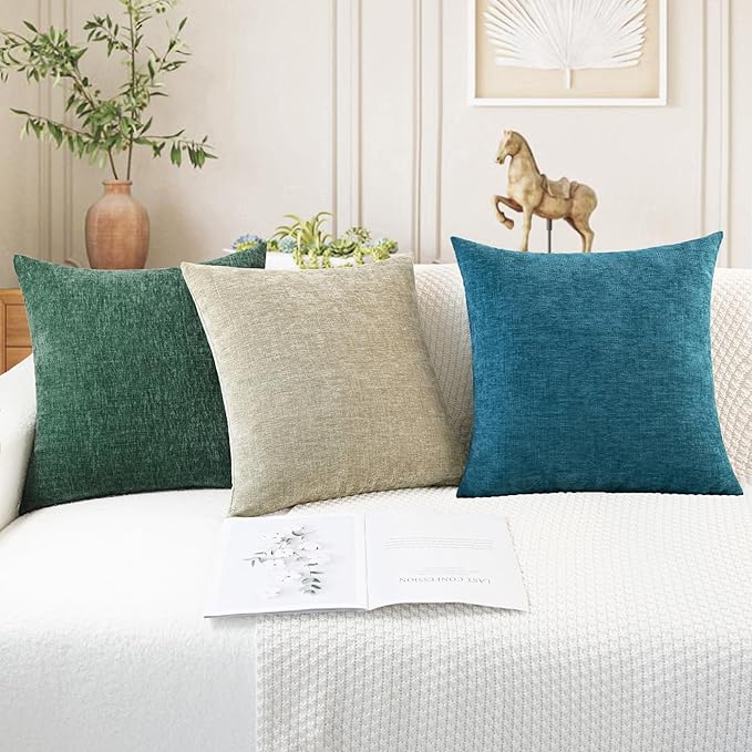 CaliTime Christmas Throw Pillow Covers Decorative 20 X 20 Inches Pack of 2 Cozy Chenille Cushion Cases for Couch Sofa Bed Living Room Home Dark Green