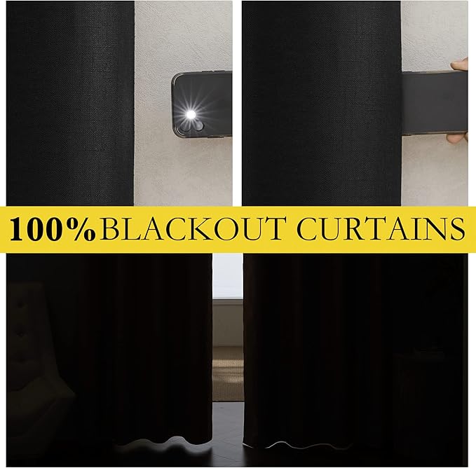 NICETOWN Vintage Open Linen Weave Flax Thermal Curtains, 100% Blackout Curtains 70 inches Long for Dining Room, Soundproof Window Treatment Drapes for Hall Room, Black, 34" Wide Per Panel, Set of 2
