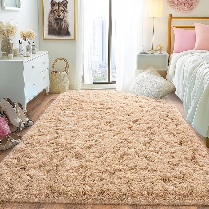 Pionblank Fluffy Area Rug for Bedroom 4x6 Feet, Indoor Plush Carpet, Shag Soft Bedside Rug, Cute Comfy Furry Rug for Living Room Dorm Girls Boys Room Nursery Decor, Camel