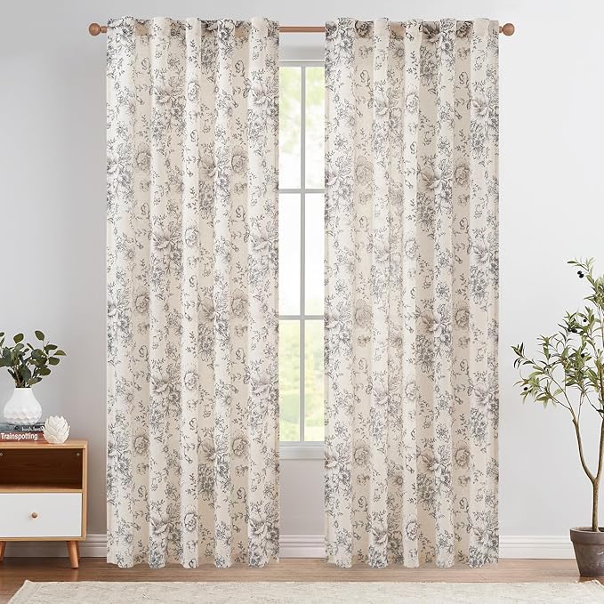 jinchan Linen Blend Curtain Floral Curtains for Living Room 90 Inch Length Black Printed Curtain Rod Pocket Back Tab Farmhouse Peony Flower Patterned Drapes Bedroom Window Curtains Set 2 Panels