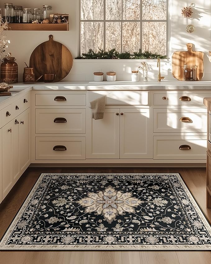 RELEANY Area Rugs 3'x4' Washable Non-Slip, Floral Vintage Distress Print Pattern Medallion Carpet for Living Room Bedroom Dining Room, Black Brown Neutral Dark Tan