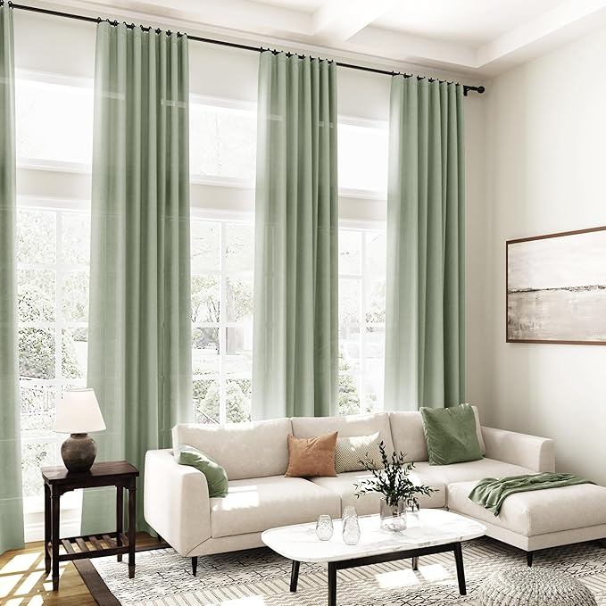 Nanspring Desert Sage Linen Curtains Semi Sheer 96 Inches Long 2 Panels Set for Living Room Back Tab Rod Pocket Light Filtering Drape for Bedroom Modern Farmhouse Coastal Decor Protect Privacy 52x96