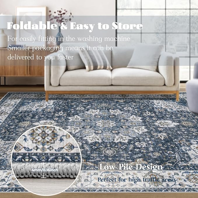 Area Rug 9x12 Washable Rug, Vintage Boho Medallion Rugs Non-Slip Soft Low Pile Large Distressed Rug Indoor Retro Carpet for Living Room Bedroom Dining Room Home Office (Vintage Blue, 9'x12')