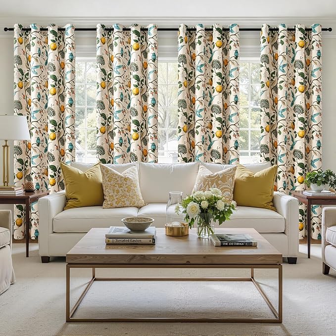 Topfinel Floral Curtains 96 Inches Long 2 Panels Unique Beige Luxury Elegant Colorful Euro Flower Hummingbird Patterned Rustic Vintage Grommet Drapes for Classroom Room Office Closet 52x96