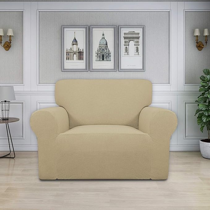 Easy-Going Stretch Oversized Chair Sofa Slipcover 1-Piece Couch Sofa Cover Furniture Protector Soft with Elastic Bottom for Kids Spandex Jacquard Fabric Small Checks Beige