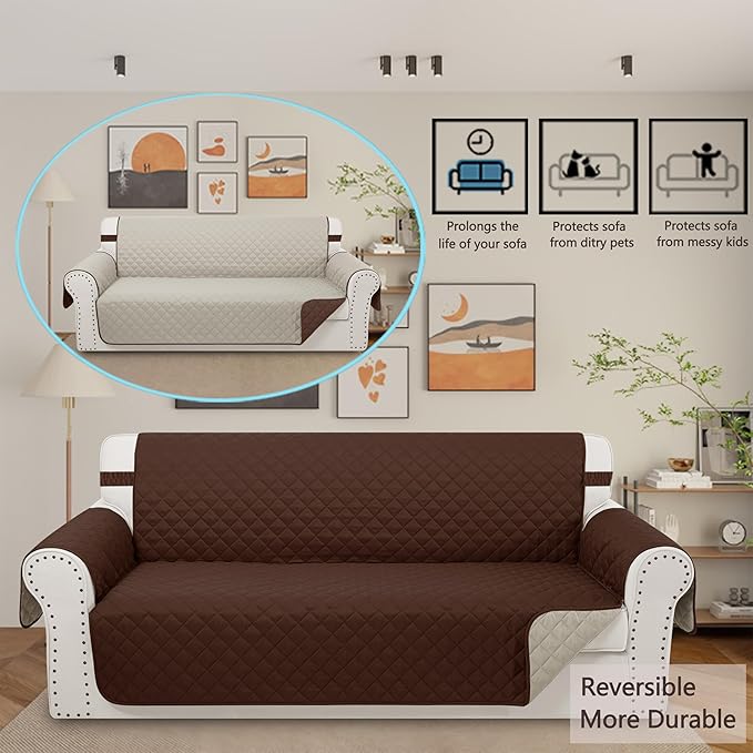 Reversible 4 Seater Sofa Cover 91 Inch Large Couch Cover Furniture Protector(Sofa XX-Large,Brown/Beige)