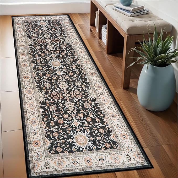 TOPRUUG Washable Runner Rug 2x6 - Hallway Runner Rug Non-Slip Kitchen Rugs Non Skid Stain Resistant Waterproof Carpet Low Pile Durable Soft Mat for Living Room Bedroom Bathroom (Black, 2X6)