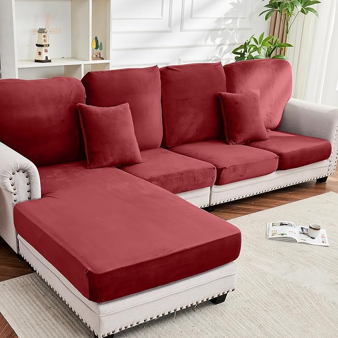 Couch Cover 8-Piece Elastic Velvet Couch Cushion Covers & Chaise Slipcovers for L-Shaped Sofas, Sofa Seat Covers Washable, Soft Cover for Couches (7 Seater + Chaise, Christmas Red)