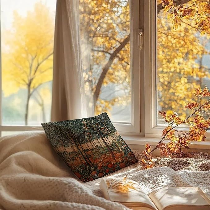 Rustic William Morris Inspired Autumn Forest Decor Throw Pillow Covers 18x18, Vintage Botanical Nature Decorative Throw Pillow Covers for Home Bedroom Living Room,Fall Home Room Decor