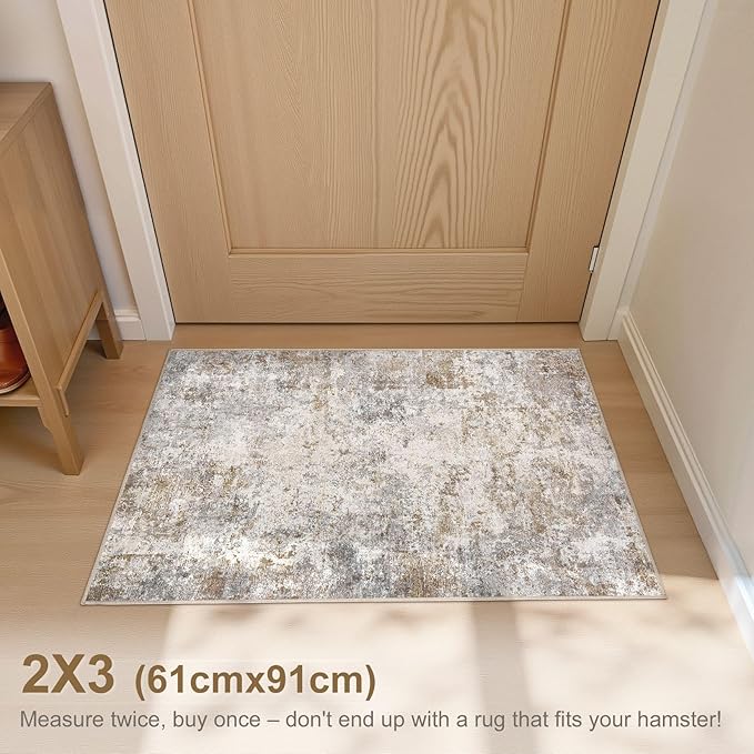 UERMEI 2x3 Entryway Area Rug: Washable Neutral Modern Abstract Small Rug - Non-Slip Low Pile Throw Indoor Carpet for Entrance Kitchen Front Door Mat Bathroom Entry Kids Room - Brown Grey