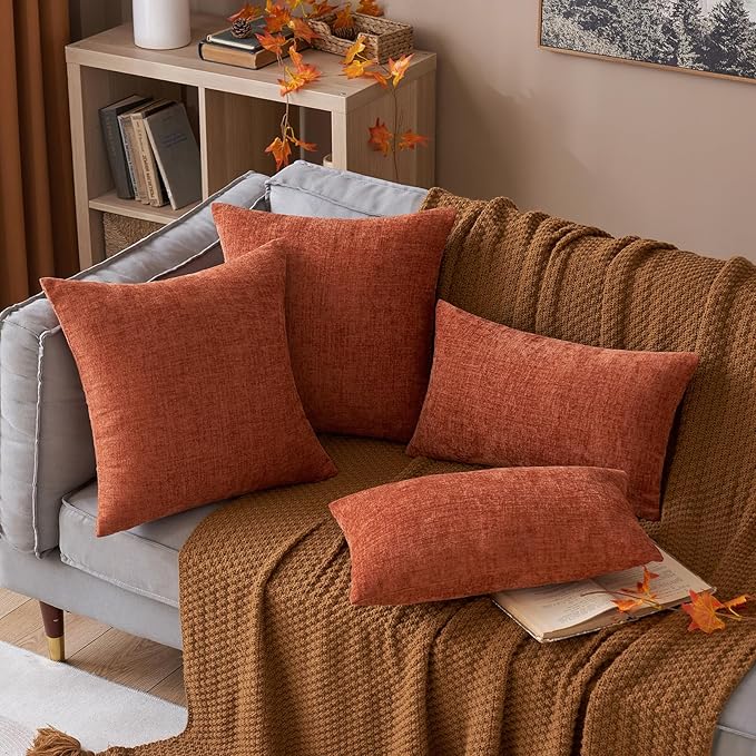 MIULEE Pack of 2 Couch Throw Pillow Covers 18x18 Inch Soft Burnt Orange Chenille Pillow Covers for Sofa Living Room Solid Dyed Pillow Cases