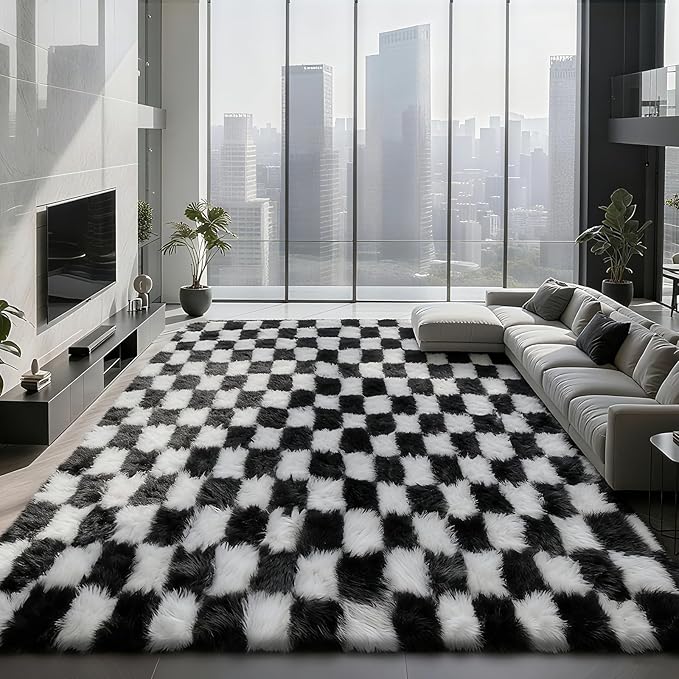 Checkered Area Rugs for Bedroom Living Room,8x10 Black and White Fluffy Soft Checkered Rug Fuzzy Shag Shaggy Carpet, Indoor Plush Floor Rugs for Kids Boys Girls Teen Dorm Nursery Home Decor