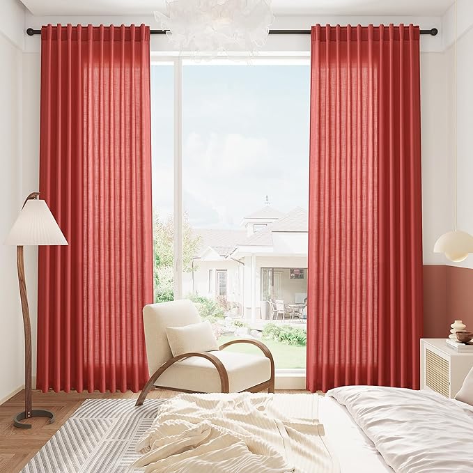 Christmas Red Linen Curtains 90 Inches Long for Living Room Light Filtering Semi Sheer Curtain Back Tab and Rod Pocket Vintage Rustic Luxury Home Decor Neutral Drapes for Bedroom 52x90, 2 Panels