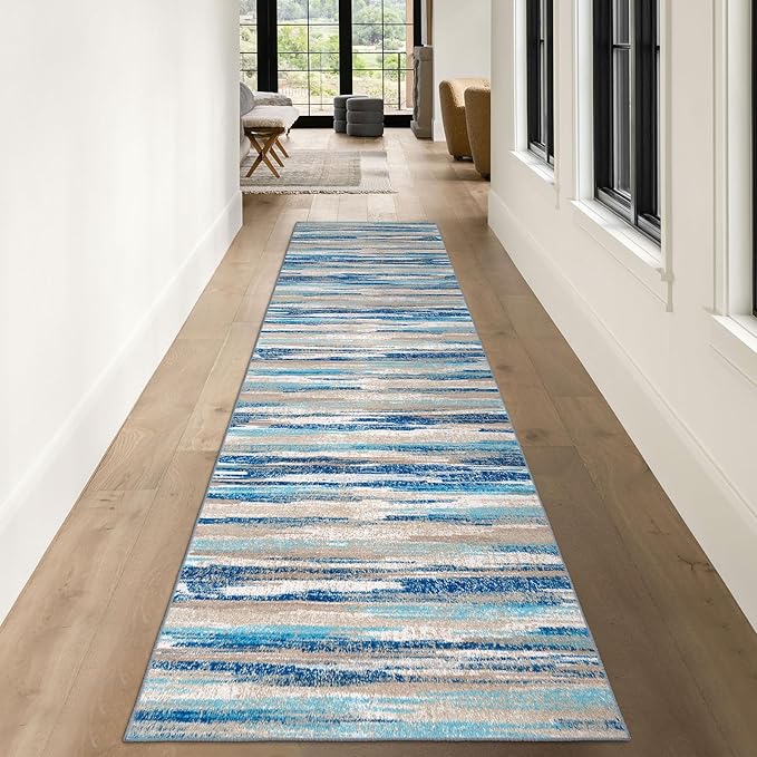Lansny Modern Abstract Runner Rug 3x10, Blue Washable Kitchen Runner Non-Slip Soft Hallway Rug Runner Thin Print Faux Wool Carpet for Entryway Bedroom Laundry Room Indoor Home Office Decor