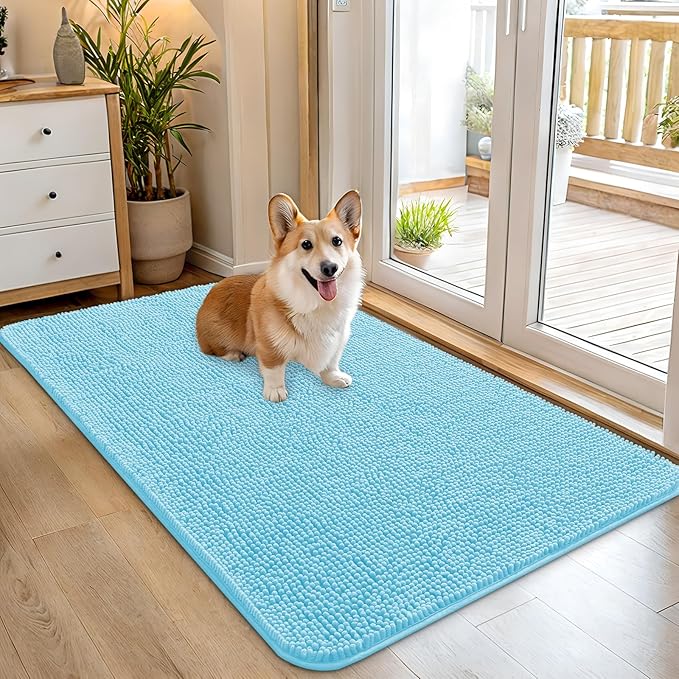 OLANLY Dog Door Mat for Muddy Paws 45x27, Absorbs Moisture and Dirt, Absorbent Non-Slip Washable Doormat, Quick Dry Chenille Mud Mat for Dogs, Entry Indoor Entryway Carpet for Inside Floor, Blue