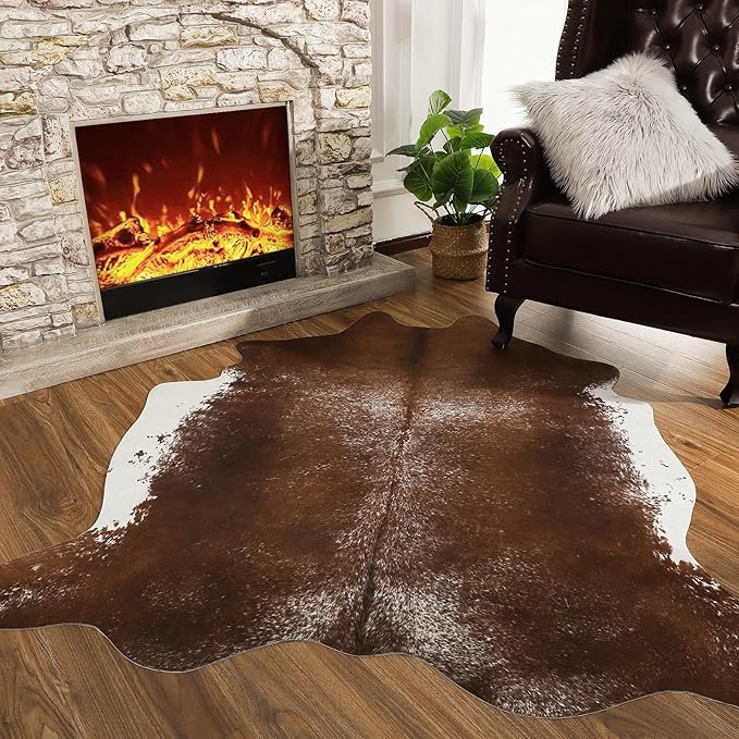 AROGAN 8×10 Feet Western Decor Faux Fur Cowhide Rug, Premium Animal Skin Cow Hide Rug, Sturdy Cow Print Rugs for Wall Decor, Western Floor Carpet for Bedroom Living Room, Dark Brown