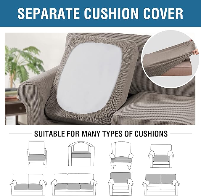 H.VERSAILTEX 4 Piece Stretch Sofa Covers for 3 Cushion Couch Covers for Living Room Furniture Slipcovers (Base Cover Plus 3 Seat Cushion Covers) Upgraded Thicker Jacquard Fabric (Sofa, Taupe)