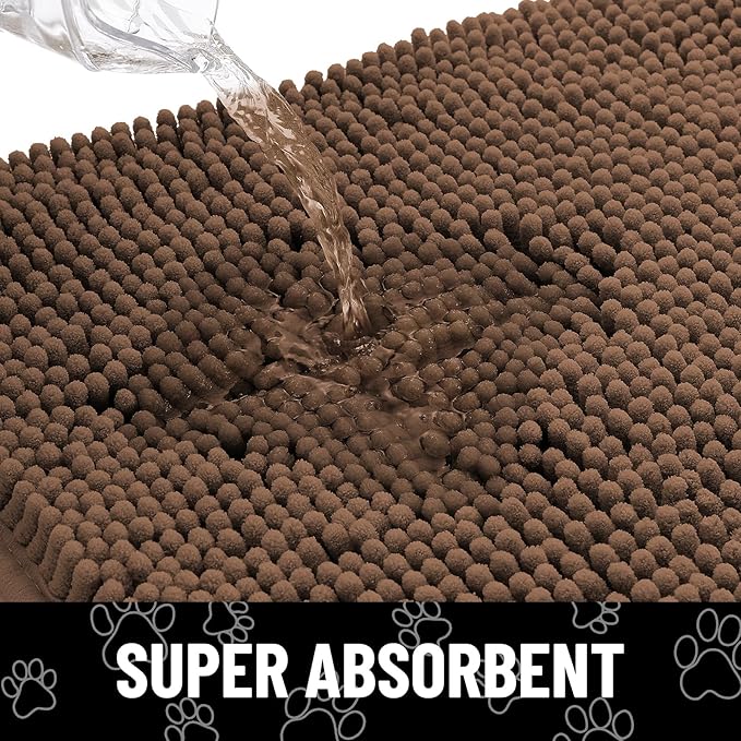 Smiry Dog Door Mat for Muddy Paws, Absorbent Dirt Trapper Non Slip Quick Dry Washable Chenille Mat for Mud Dogs, Entry Rug for Indoor and Outdoor (48x30 Inches, Coffee and White)