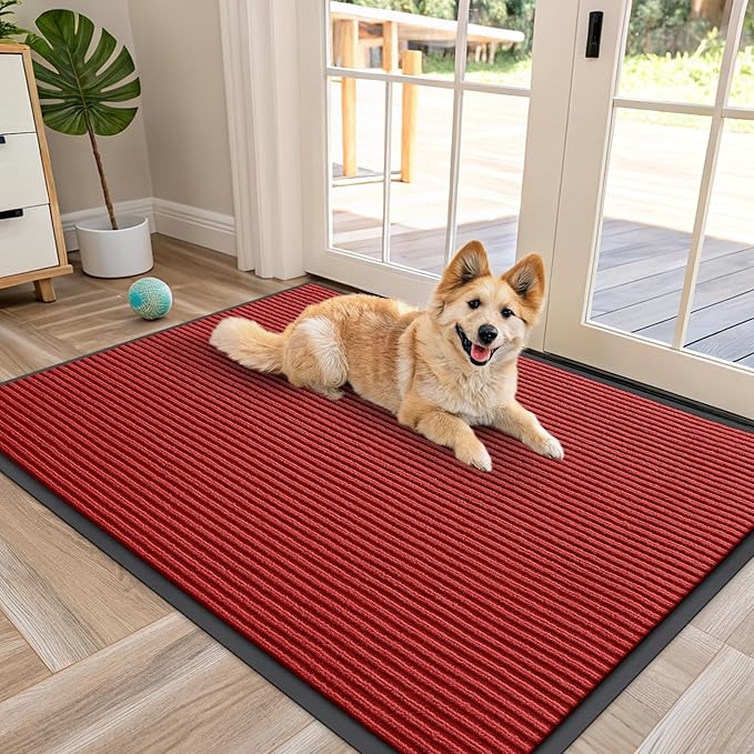 OLANLY Front Door Mat Indoor Outdoor Entrance, Waterproof Heavy Duty Doormat, Fade Resistant, Low Profile, Easy Clean Patio Porch Welcome Floor Mats for Entry, 47x30, Red