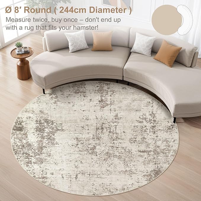 UERMEI 8ft Round Area Rug Living Room Rugs - 8x8 Washable Neutral Modern Abstract Soft Thin Rug Indoor Floor No Slip Rug Carpet for Bedroom Under Dining Table Home Office Decor - Golden Grey