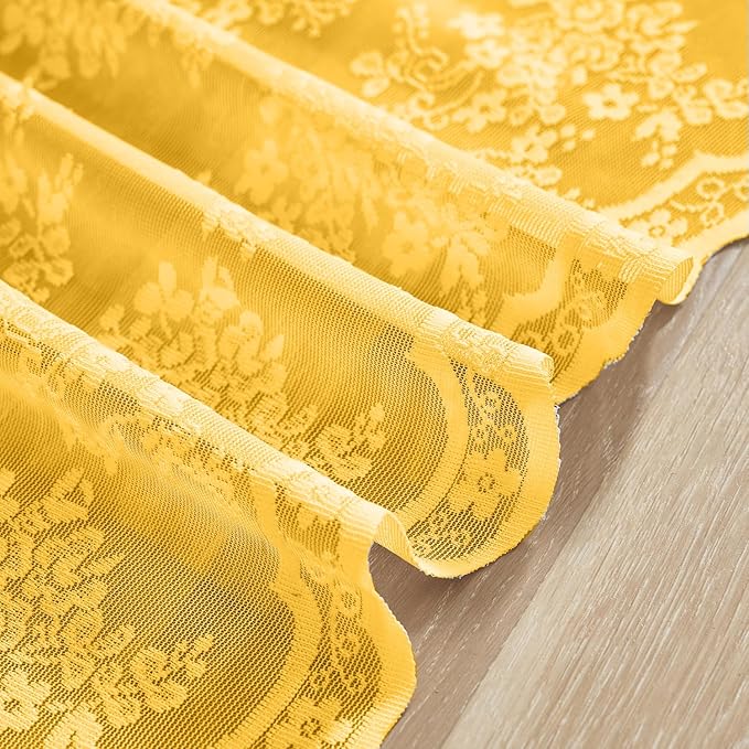 YJ YANJUN Vintage Lace Curtains 36 Inch Length- Victorian Floral 70s Mustard Yellow Short Kitchen Curtains for Bedroom Bathroom Small Window Coffee Cabinet Rod Pocket Gold 2 Panels W26 x L36 Inch
