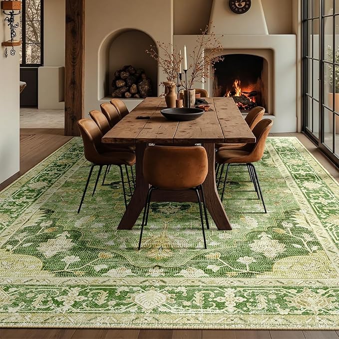 RELEANY Area Rugs 10'x14' Washable Non-Slip, Floral Vintage Distress Print Pattern Medallion Carpet for Living Room Bedroom Dining Room, Sage Green Yellow