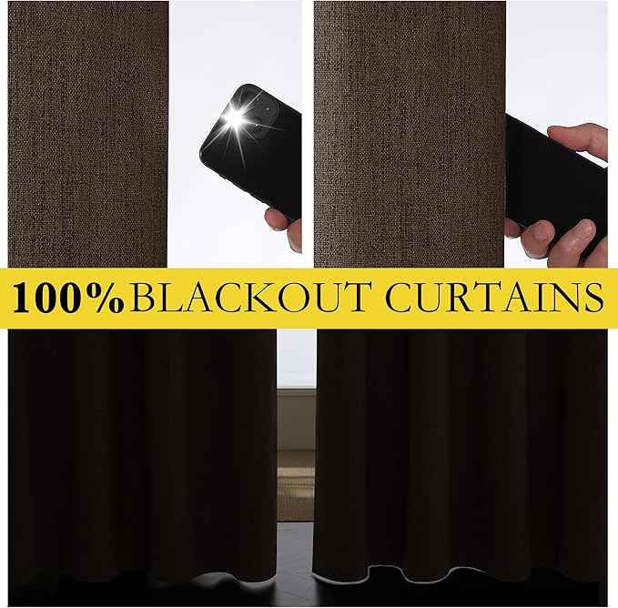 NICETOWN Coffee Vintage Linen 100% Blackout Curtains for Kitchen, Thermal Insulated Curtains 63" Long, Noise Reducing Window Treatment Drapes for Dorm Room, 62" Wide Per Panel, Set of 2