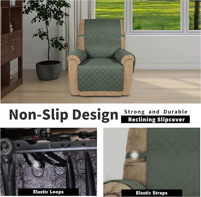 Easy-Going Recliner Chair Slipcover Reversible Sofa Cover Water Resistant Couch Cover Furniture Protector with Elastic Straps for Pets Dog (Recliner 22 inch, Greyish Green/Beige)