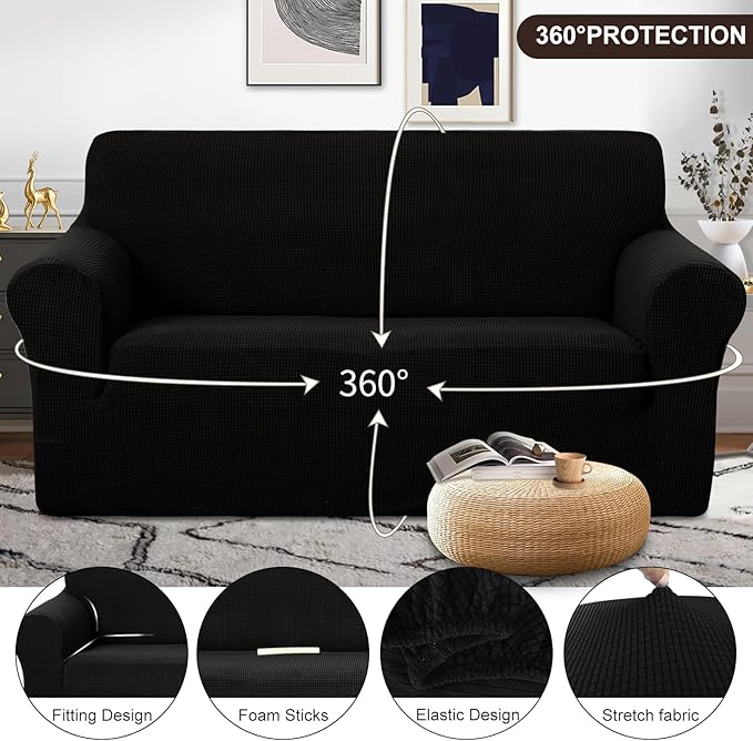 U-NICE HOME Oversized Stretch Loveseat Couch Cover Sofa Covers Washable Sofa Slipcover Furniture Protector for 2 Cushion Couch Sofa Pet Friendly, Black