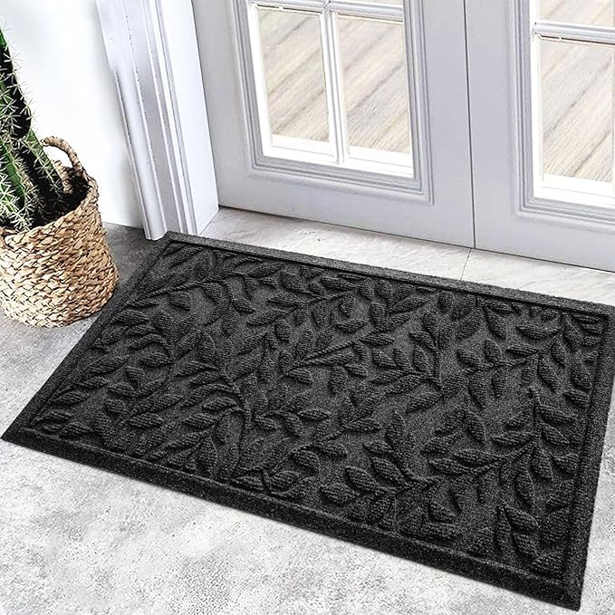 Bulijojo Sturdy Front Entrance Doormats,Durable Heavy Duty Welcome Mat,Thick Absorbent Natural Rubber Non Slip Mat,Easy Clean Entryway Mat 17x30 Inch Leaves Black