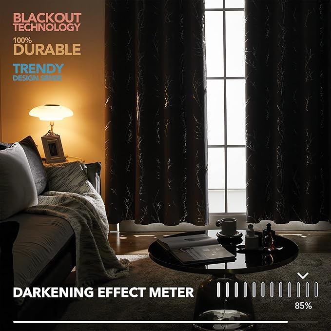 Deconovo Grey Blackout Curtains, Thermal Insulated Soundproof Drapes, Silver Branch Foil Print, 42 x 84 Inch, 2 Panels, Machine‑Washable Privacy Window Panel for Living Room Bedroom Nursery Office