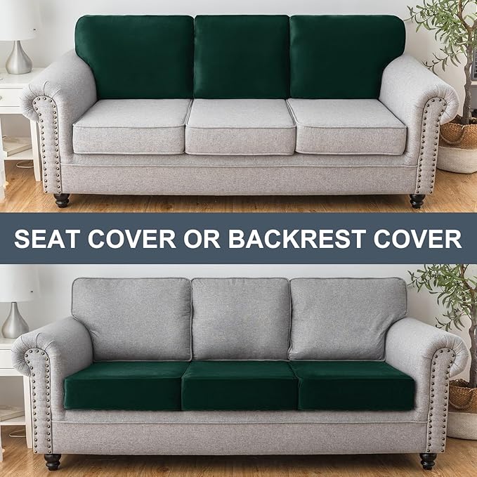 Couch Cover Stretch Velvet Sofa Cushion Cover 2-Piece - Elastic Washable Slipcover for Seat or Backrest, Couch Seat Covers for Sofas (Christmas Green)