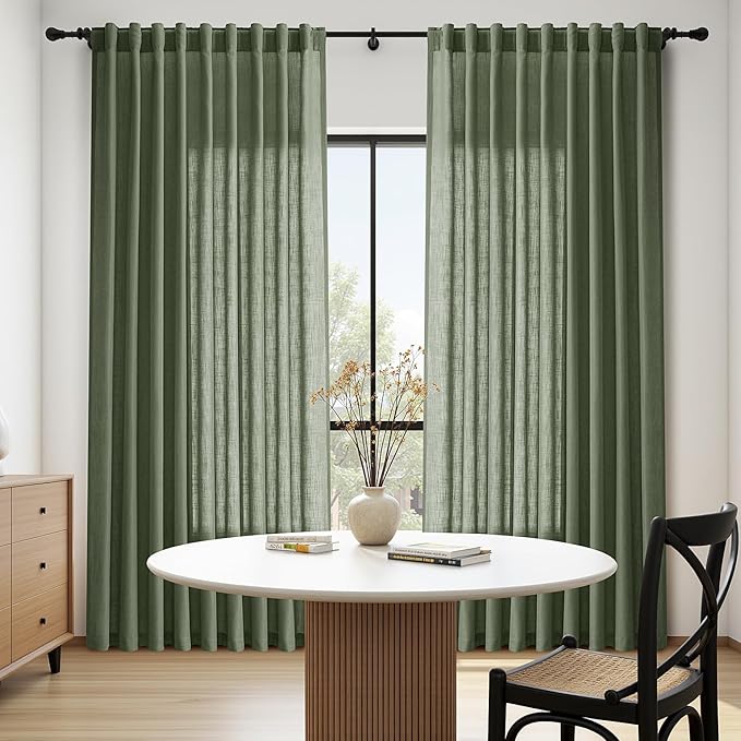 Nanspring Olive Green Linen Blend Semi Sheer Curtains 108 Inches Long by 70 Inches Wide, 2 Panel Set Back Tab Privacy Filtered and Breathable Extended Curtain for Bedroom Living Room 70x108