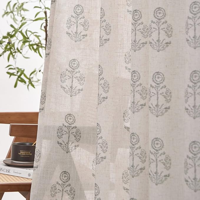 jinchan Linen Floral Curtains for Living Room 63 Inch Length Gray Flower Cottage Core Farmhouse Curtains Rod Pocket Back Tab Boho Semi Sheer Window Drapes Bedroom Set 2 Panels Grey on Beige