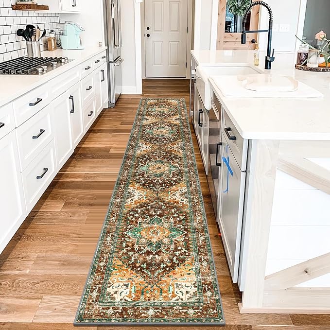 Yamaziot Washable Runner Rug, 2x10 Non-Slip Boho Vintage Hallway Rug Runner with Rubber Backing, Stain Resistant Distressed Carpet Runner for Bedroom, Kitchen, Laundry, Entrance