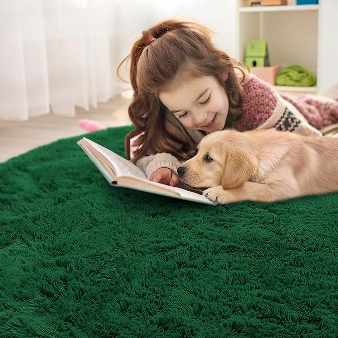 OLANLY Dark Green Round Rugs for Bedroom - Machine Washable, 4 ft Circle Area Rugs for Living Room, Soft and Fluffy Shaggy Carpet for Teen Girls and Boys, Nursery Rooms, Dorms, Home Decor Aesthetic
