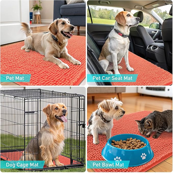 OLANLY Dog Door Mat for Muddy Paws 45x27, Absorbs Moisture and Dirt, Absorbent Non-Slip Washable Doormat, Quick Dry Chenille Mud Mat for Dogs, Entry Indoor Entryway Carpet for Inside Floor, Coral