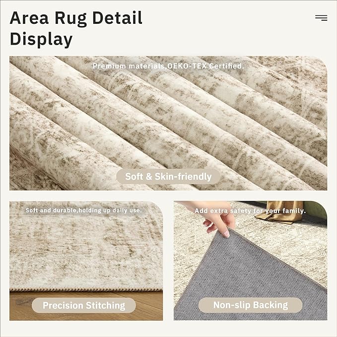 6x9 Area Rug for Living Room Floral Washable Non-Slip Modern Rugs for Bedroom Dinning Room Ultra-Thin Indoor Brown