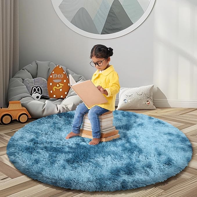 Super Soft Circle Rugs for Girls Princess Castle Toddlers Play Tent 5 Diameter Area Rugs for Kids Bedroom Baby Room Decor Round Shag Carpets(Φ5, Dark Blue Tie-Dyed)